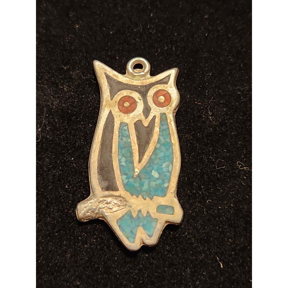 Vintage Pewter Owl Pendant Turquoise Inlay Coral Eyes Southwest Style